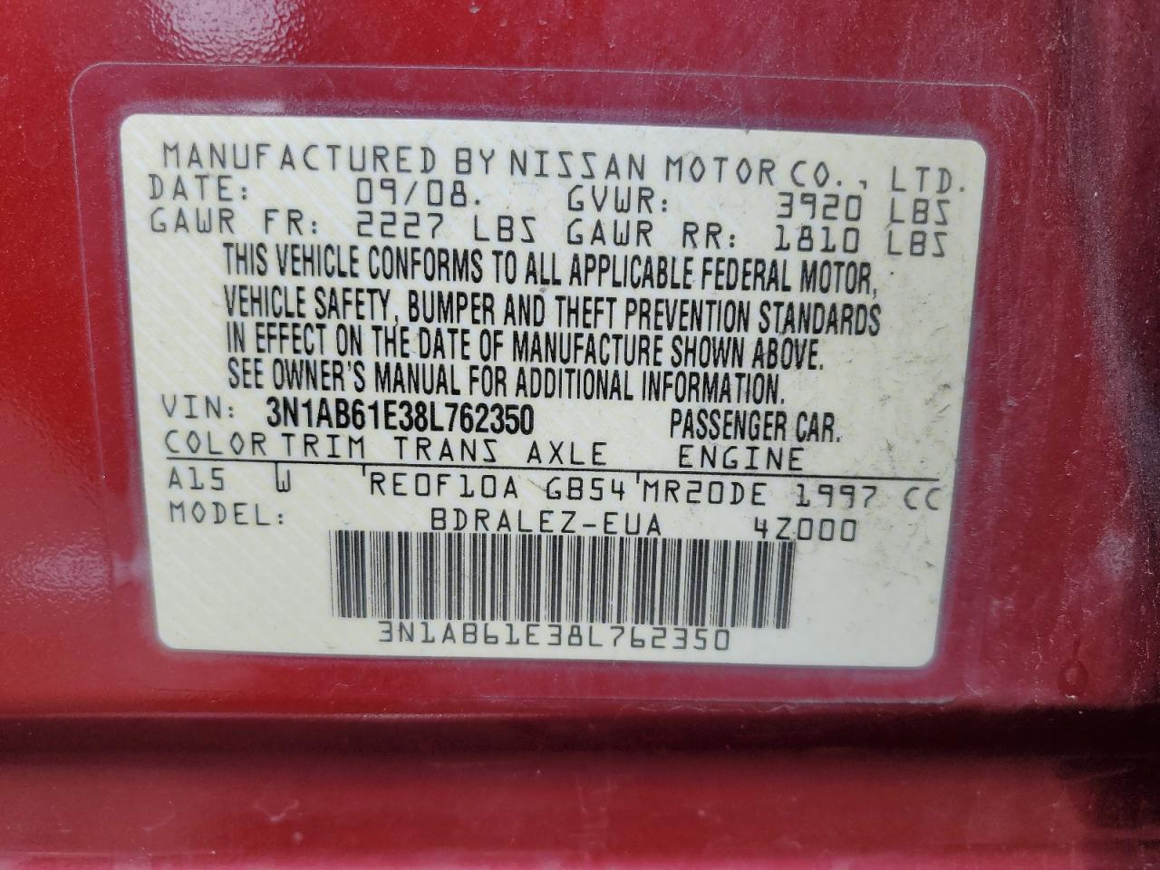 2008 Nissan Sentra 2.0 VIN: 3N1AB61E38L762350 Lot: 67065495