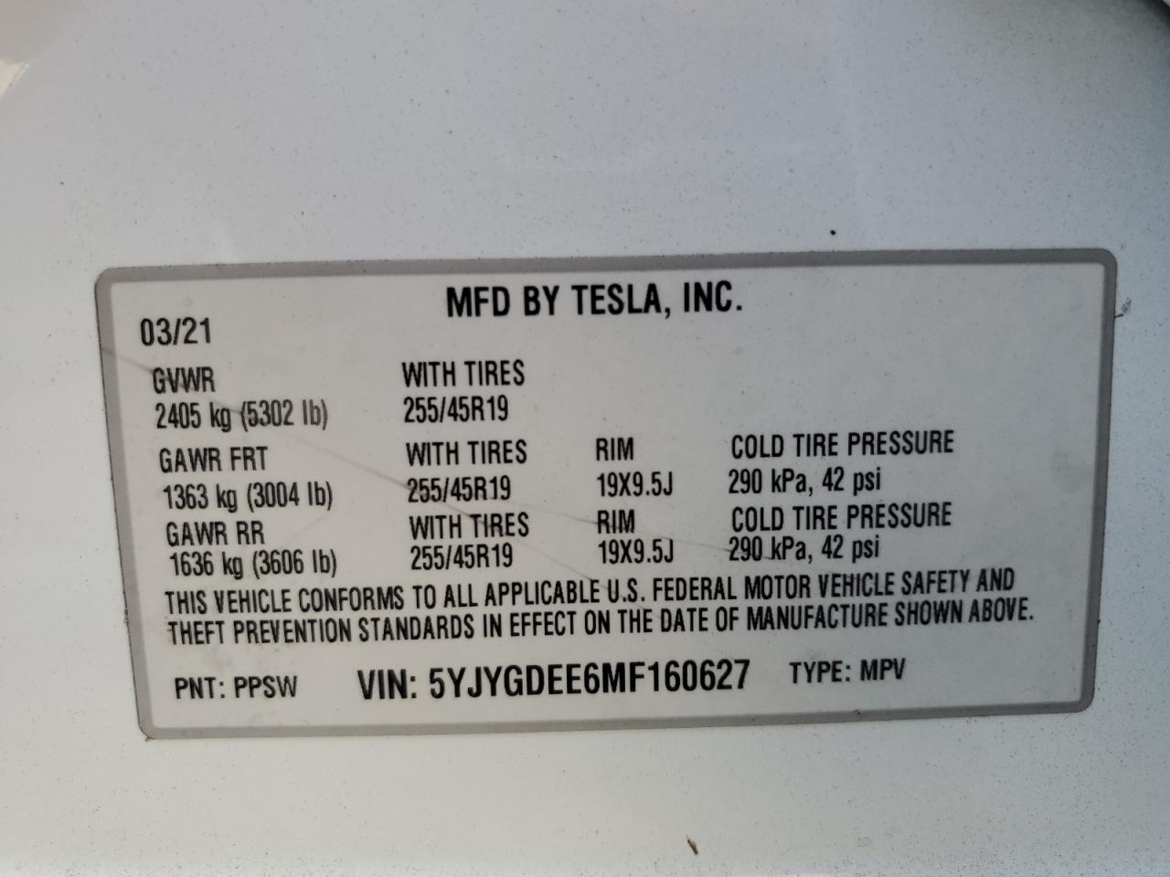 2021 Tesla Model Y VIN: 5YJYGDEE6MF160627 Lot: 68788555