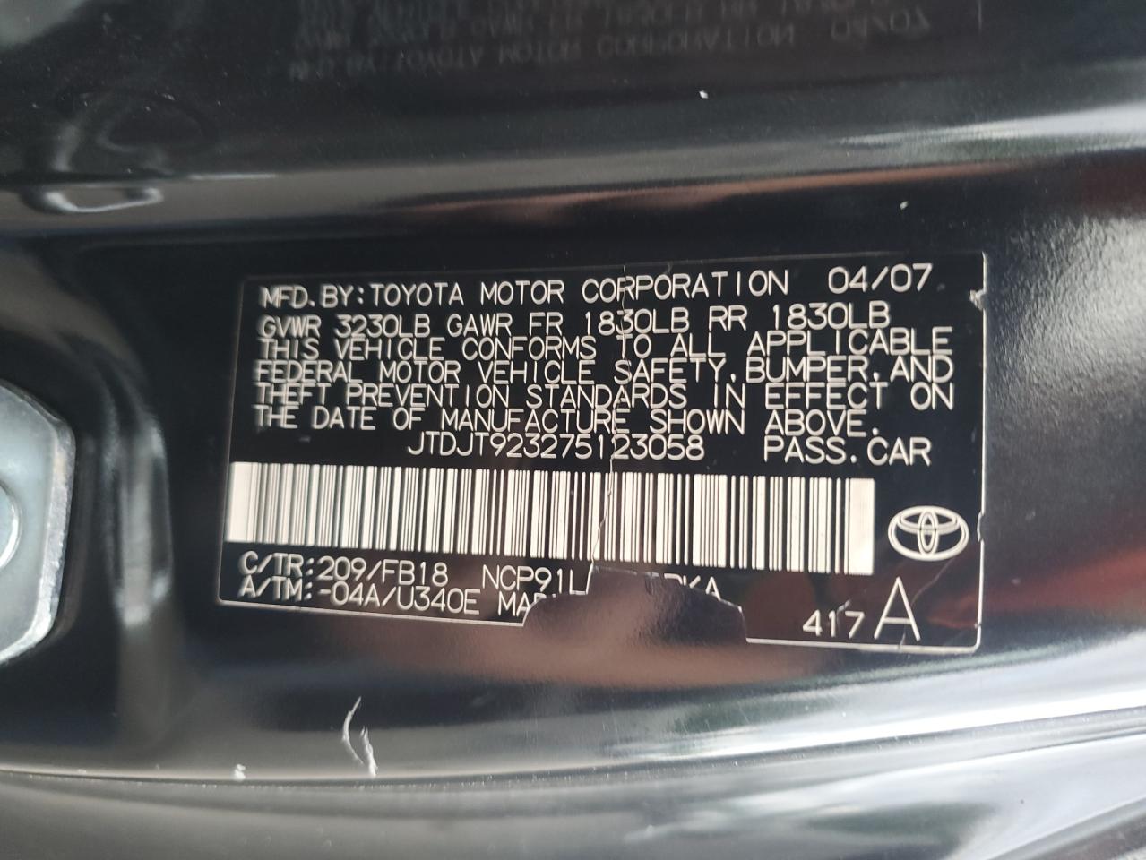 2007 Toyota Yaris VIN: JTDJT923275123058 Lot: 69287575