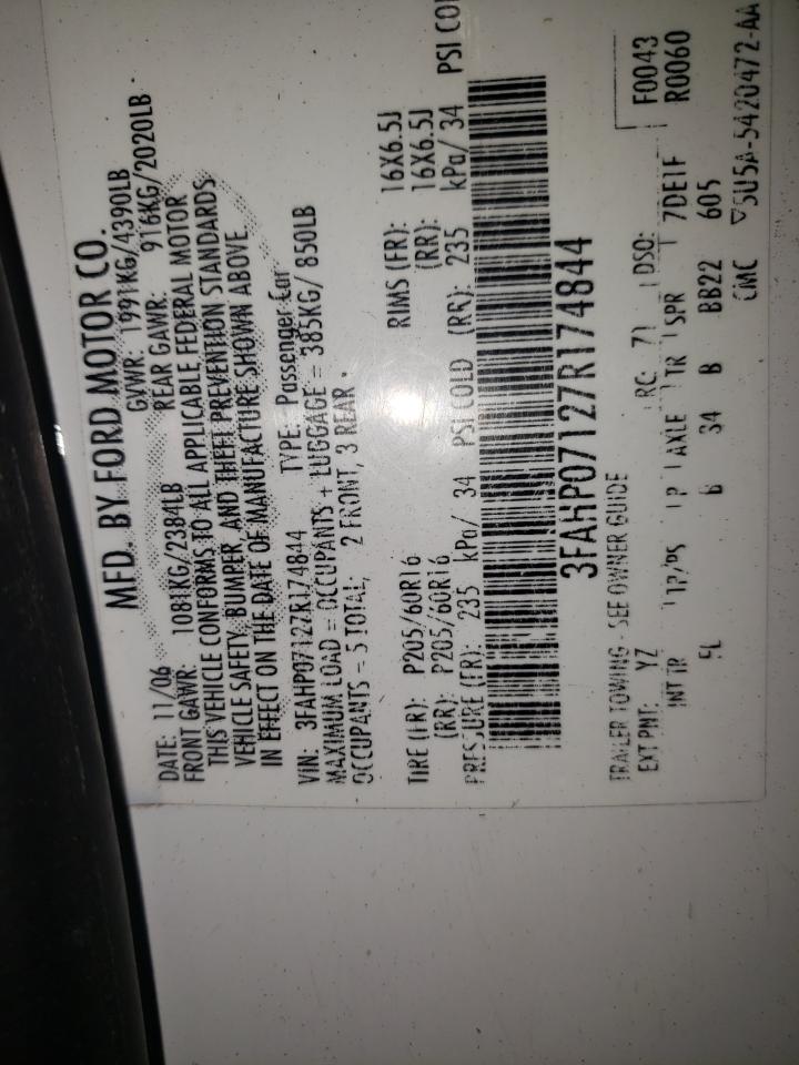 2007 Ford Fusion Se VIN: 3FAHP07127R174844 Lot: 68800235