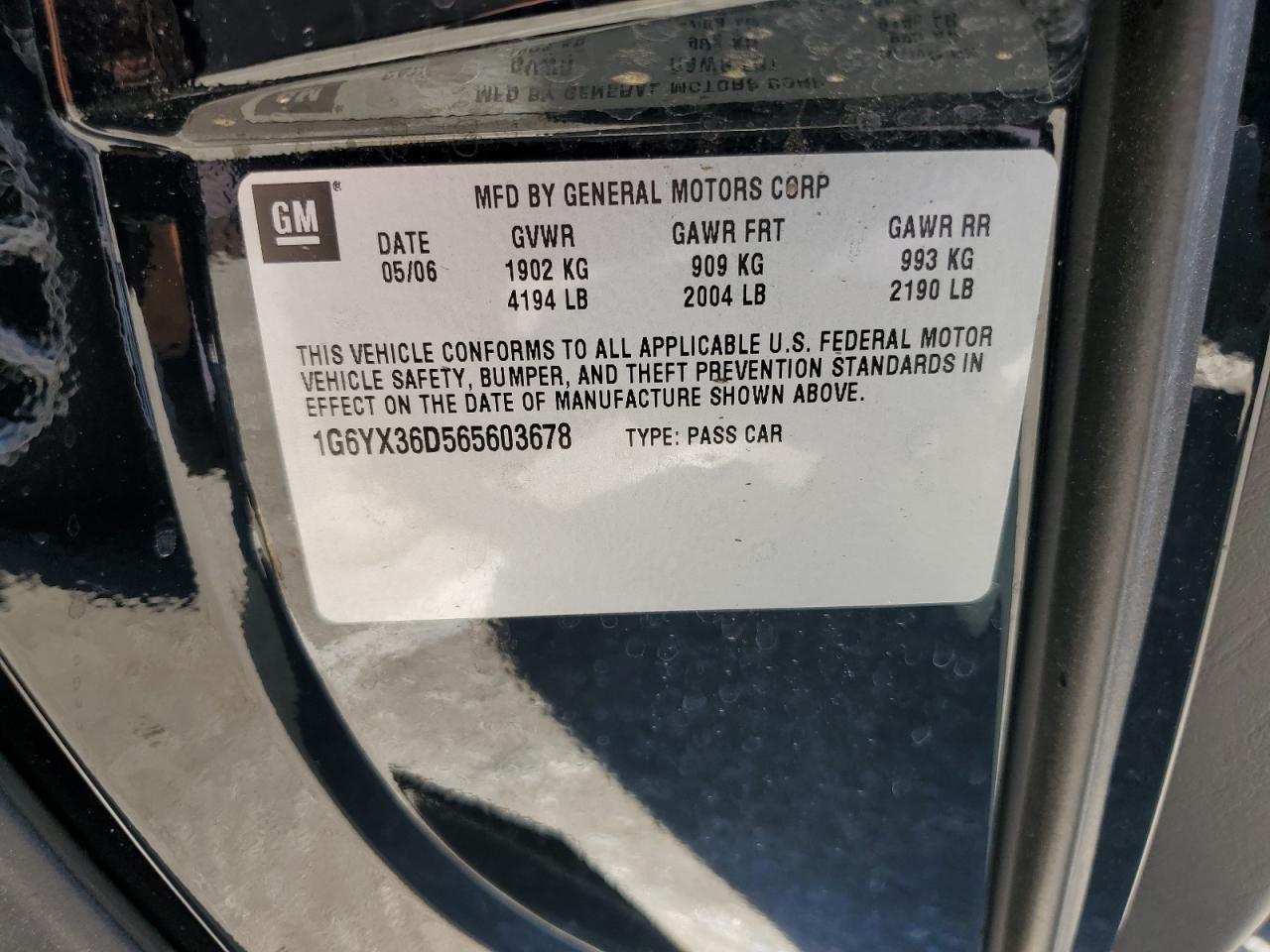 2006 Cadillac Xlr-V VIN: 1G6YX36D565603678 Lot: 68793655