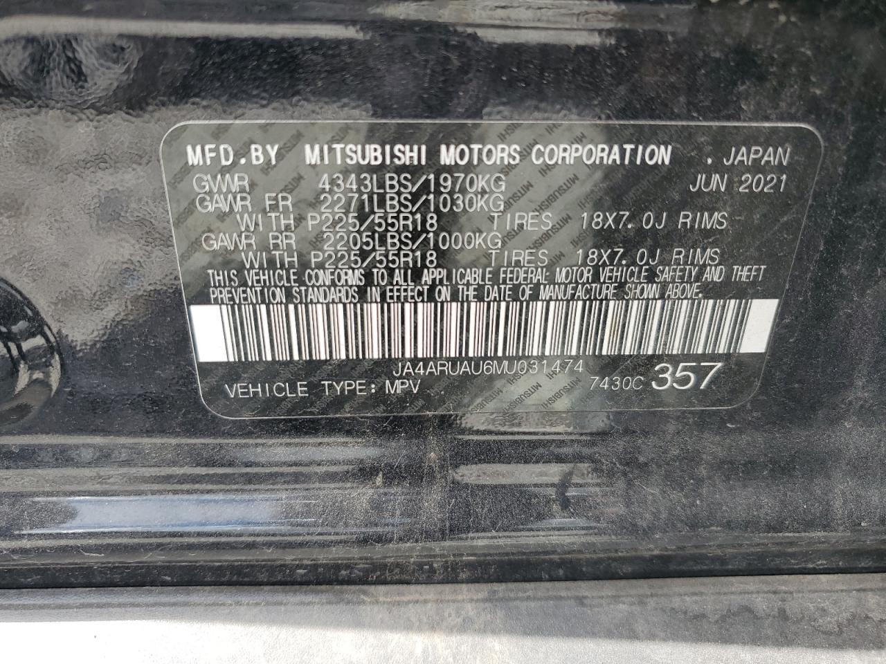 2021 Mitsubishi Outlander Sport Es VIN: JA4ARUAU6MU031474 Lot: 69623645