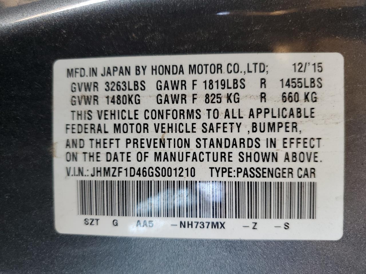 2016 Honda Cr-Z VIN: JHMZF1D46GS001210 Lot: 67457525