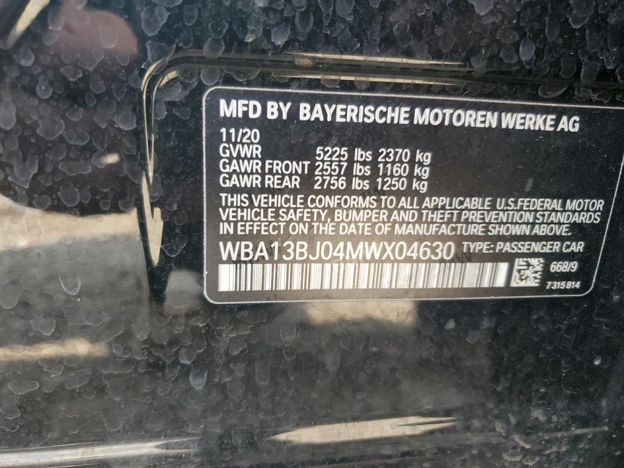 2021 BMW 530 Xi VIN: WBA13BJ04MWX04630 Lot: 69465425