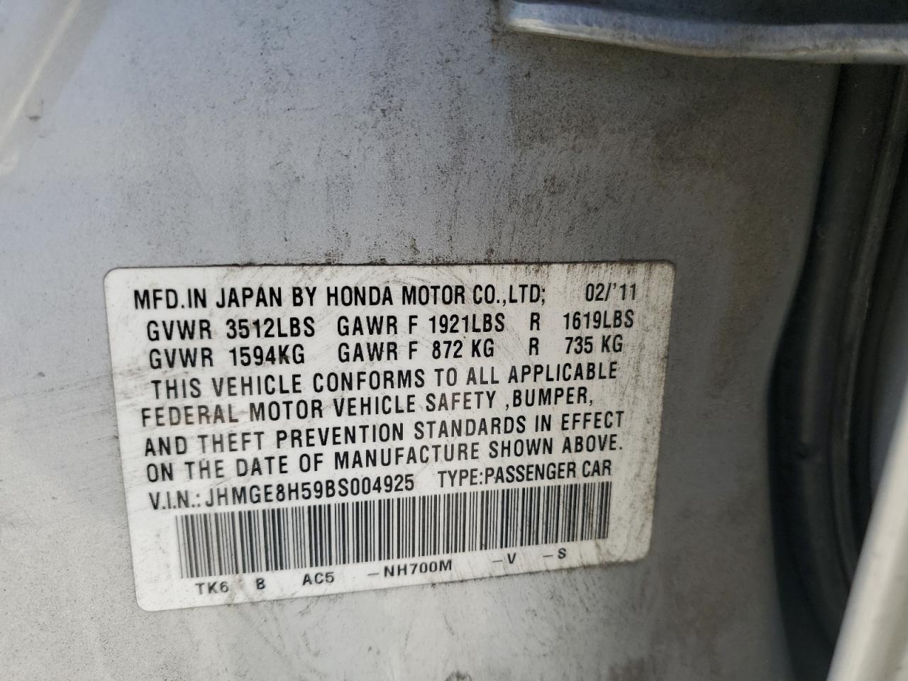 2011 Honda Fit Sport VIN: JHMGE8H59BS004925 Lot: 69456345