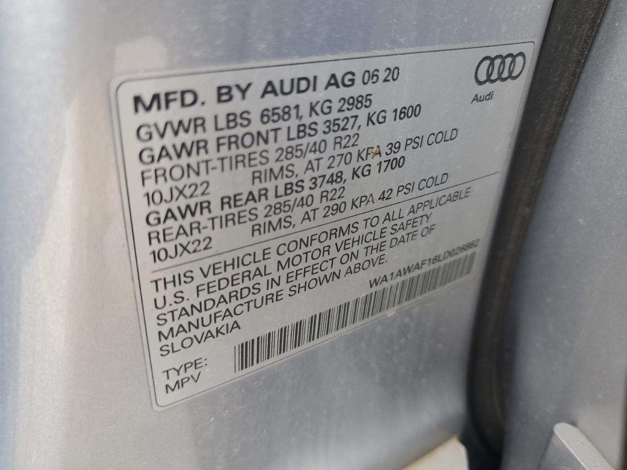 2020 Audi Sq8 Premium Plus VIN: WA1AWAF16LD026862 Lot: 68538795