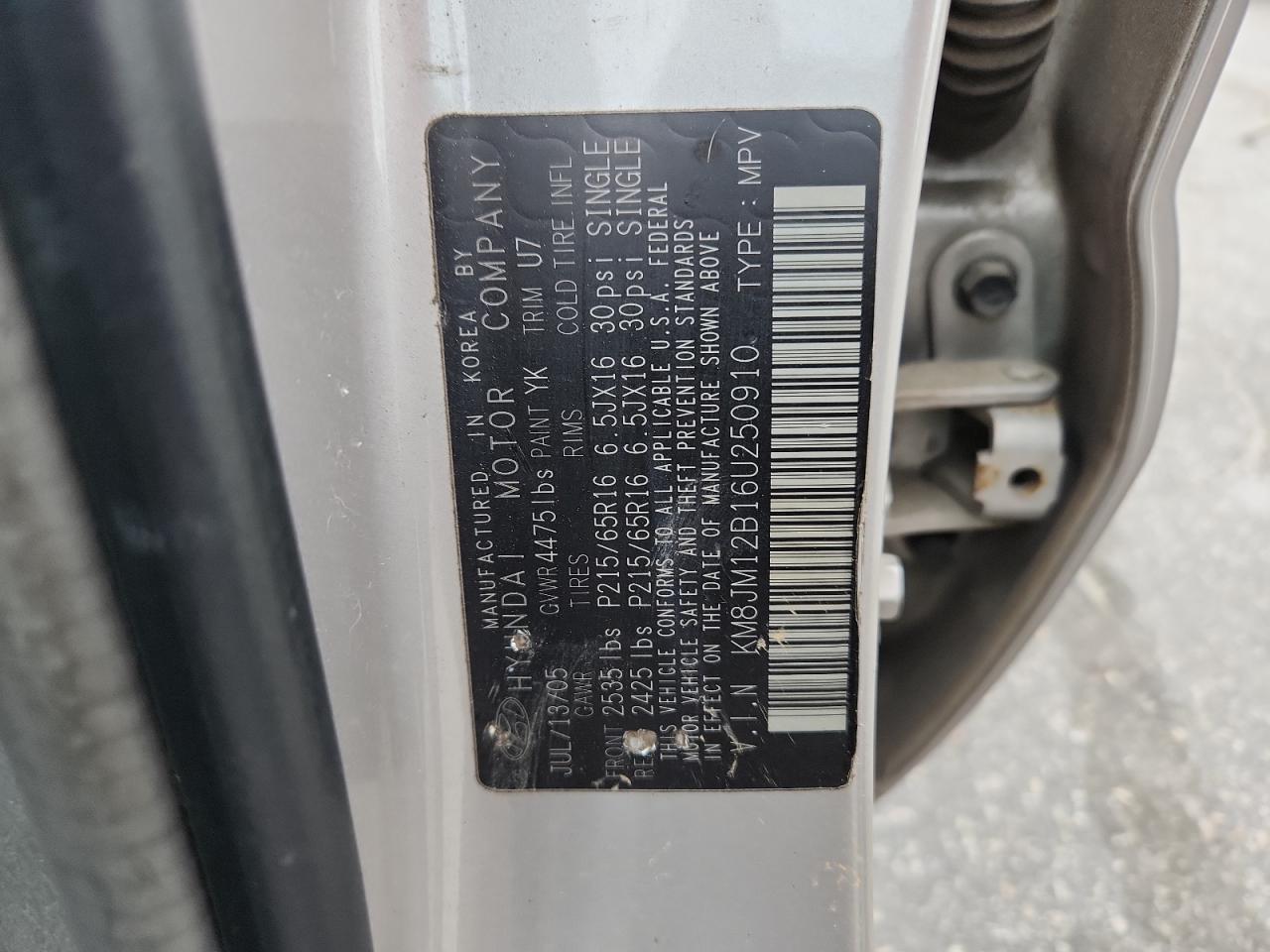 2006 Hyundai Tucson Gl VIN: KM8JM12B16U250910 Lot: 69520095