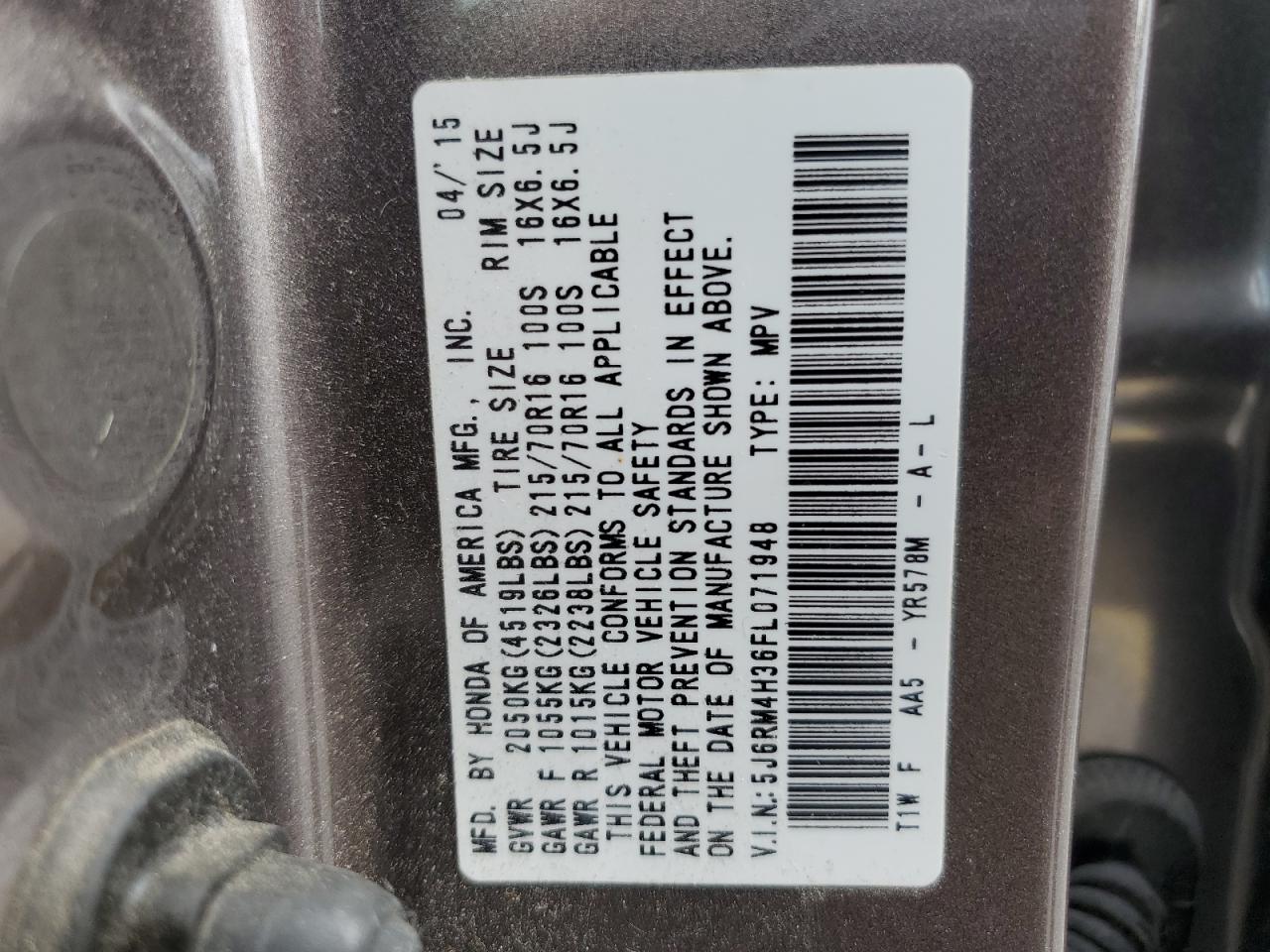 2015 Honda Cr-V Lx VIN: 5J6RM4H36FL071948 Lot: 69680895