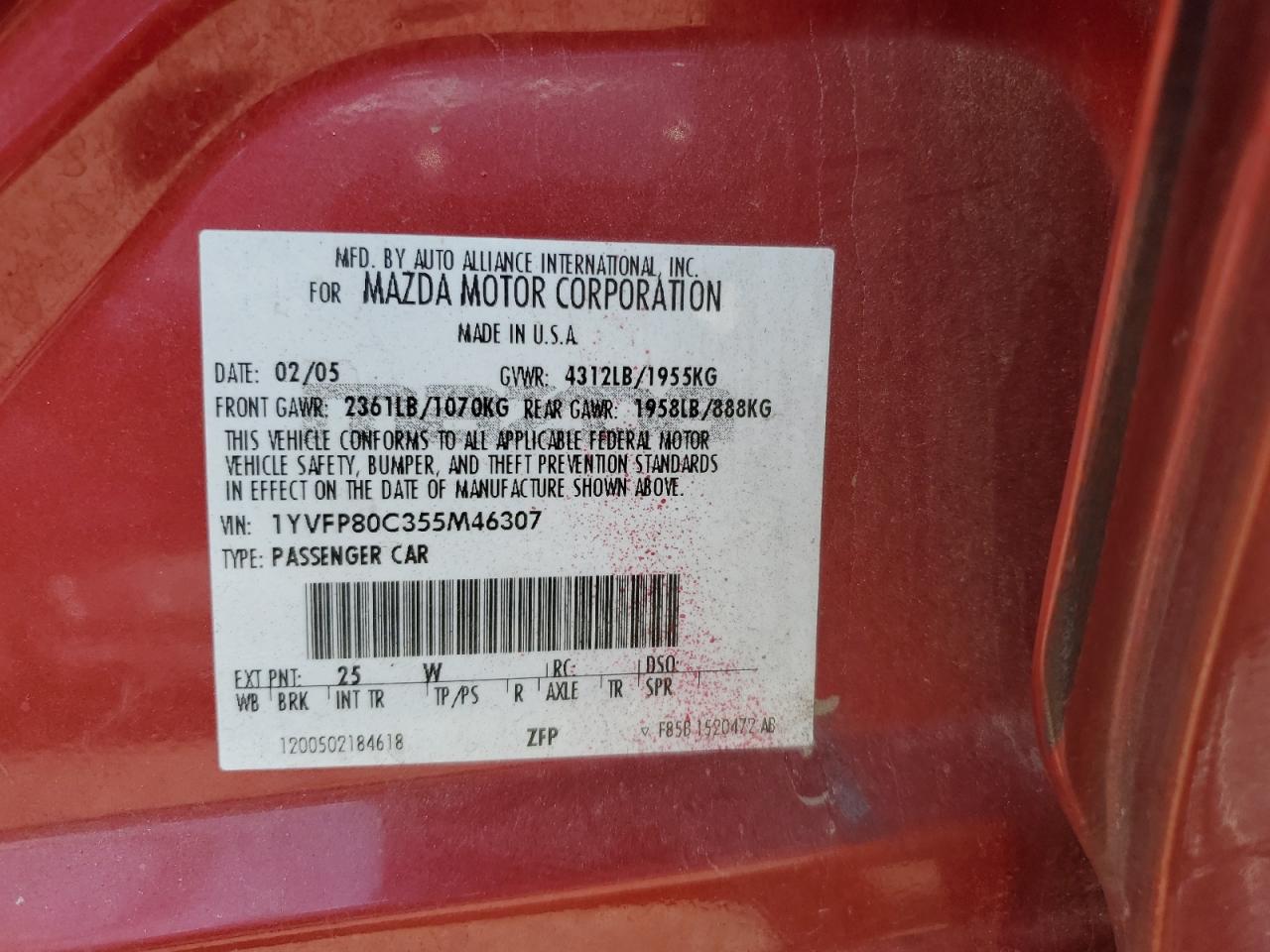 2006 Mazda 6 I VIN: 1YVFP80C355M46307 Lot: 68269555