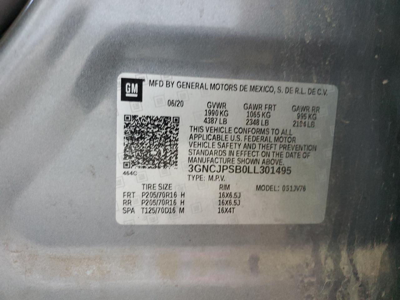 2020 Chevrolet Trax 1Lt VIN: 3GNCJPSB0LL301495 Lot: 68954095