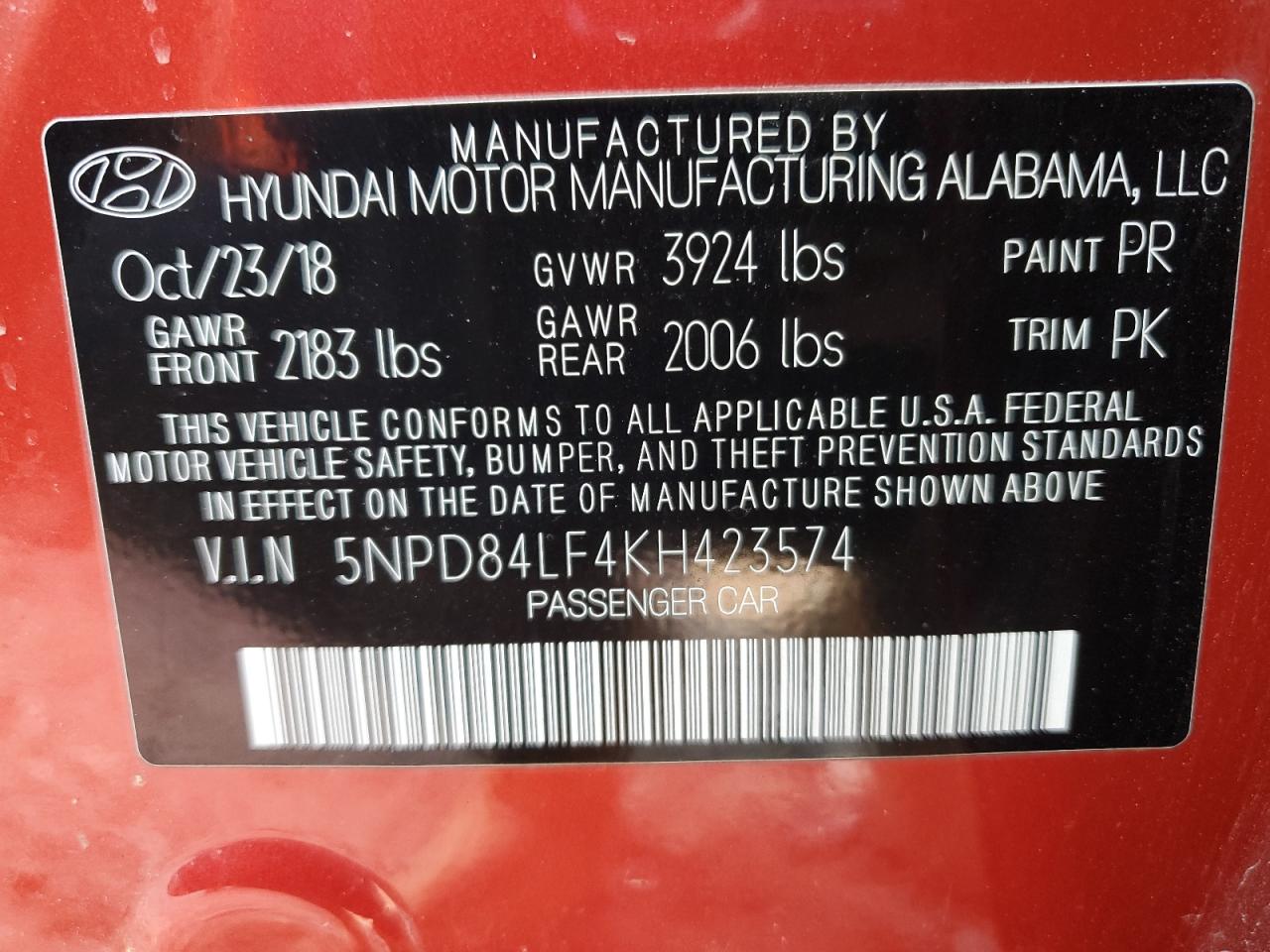 2019 Hyundai Elantra Sel VIN: 5NPD84LF4KH423574 Lot: 67296895