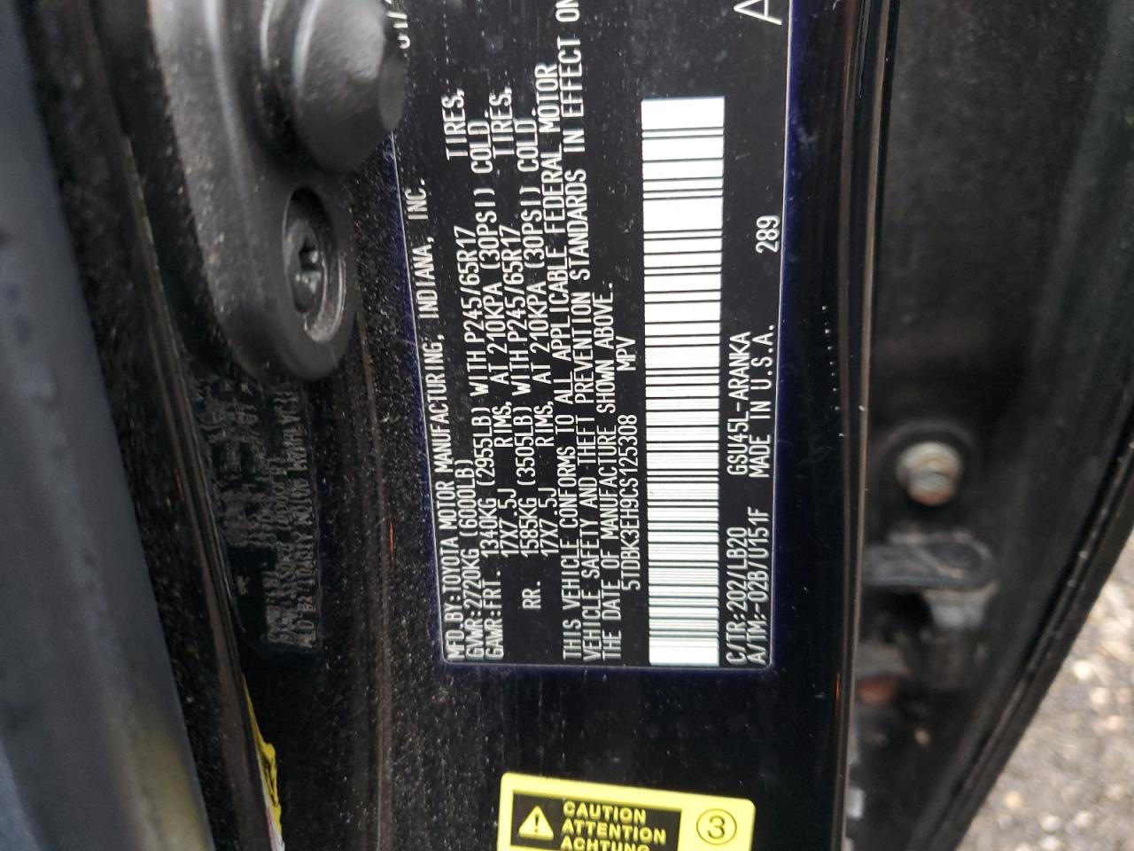 2012 Toyota Highlander Base VIN: 5TDBK3EH9CS125308 Lot: 69523965