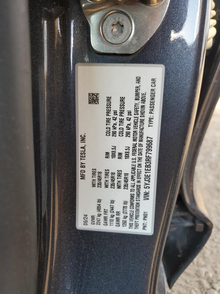 2024 Tesla Model 3 VIN: 5YJ3E1EB3RF799687 Lot: 68763435