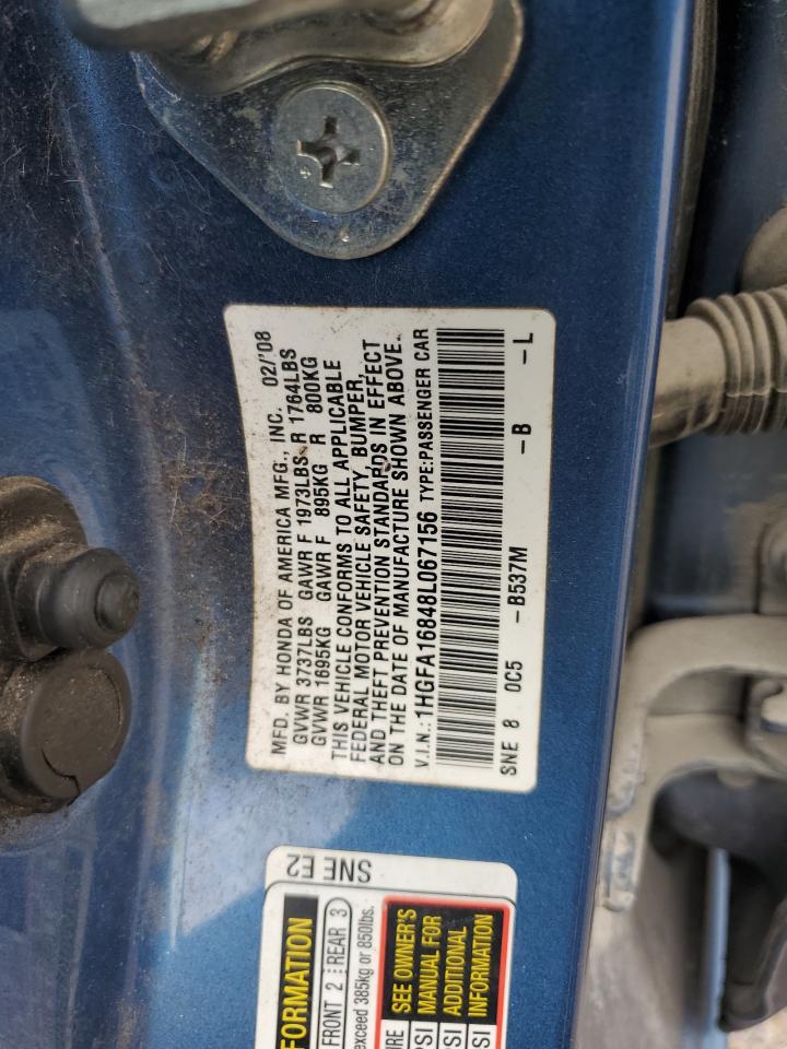 2008 Honda Civic Ex VIN: 1HGFA16848L067156 Lot: 68611695