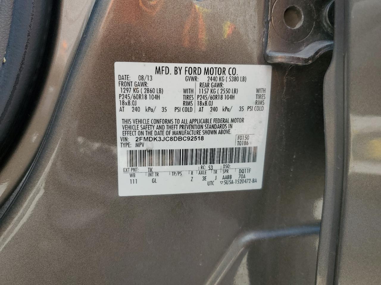 2013 Ford Edge Sel VIN: 2FMDK3JC8DBC92518 Lot: 67748585