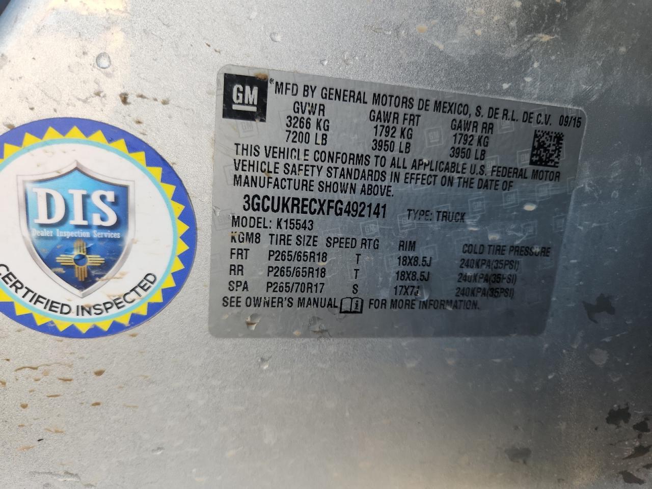 2015 Chevrolet Silverado K1500 Lt VIN: 3GCUKRECXFG492141 Lot: 69385285