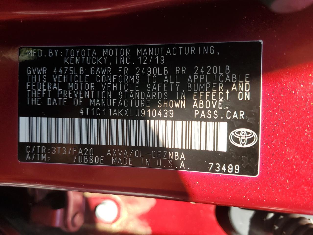 2020 Toyota Camry Le VIN: 4T1C11AKXLU910439 Lot: 69905845