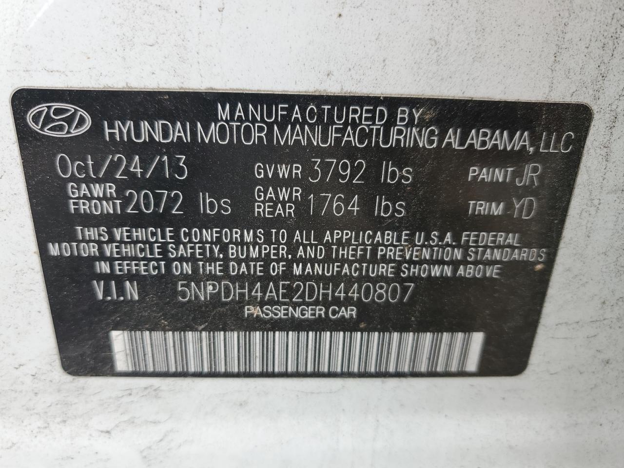 2013 Hyundai Elantra Gls VIN: 5NPDH4AE2DH440807 Lot: 70255145