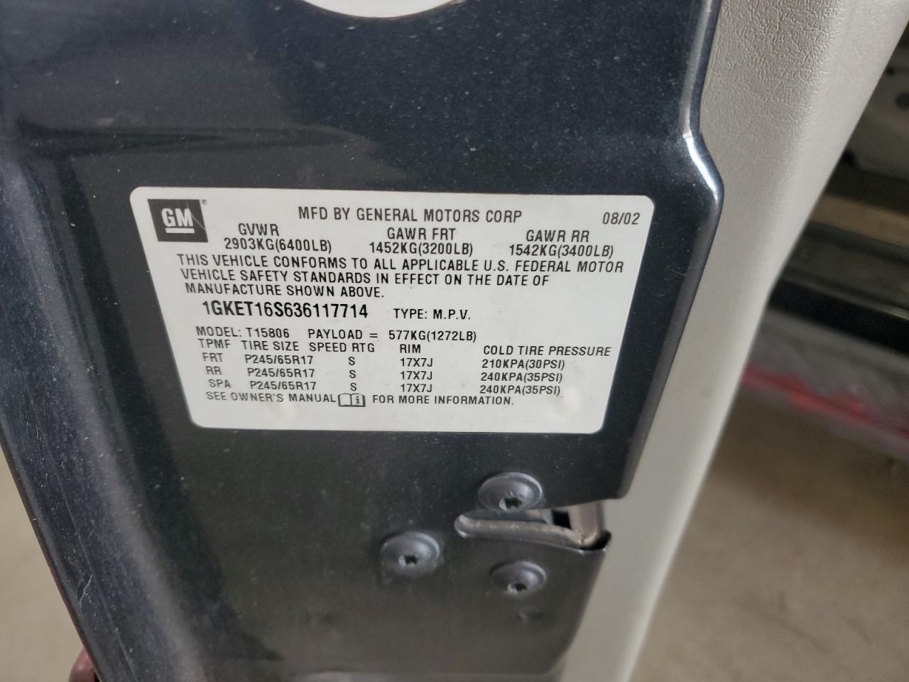 2003 GMC Envoy Xl VIN: 1GKET16S636117714 Lot: 69447215