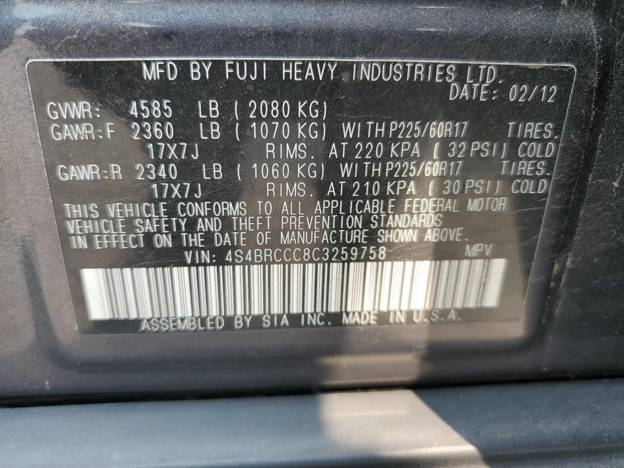 4S4BRCCC8C3259758 2012 Subaru Outback 2.5I Premium