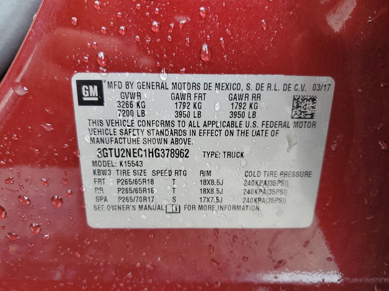 2017 GMC Sierra K1500 Slt VIN: 3GTU2NEC1HG378962 Lot: 70701025