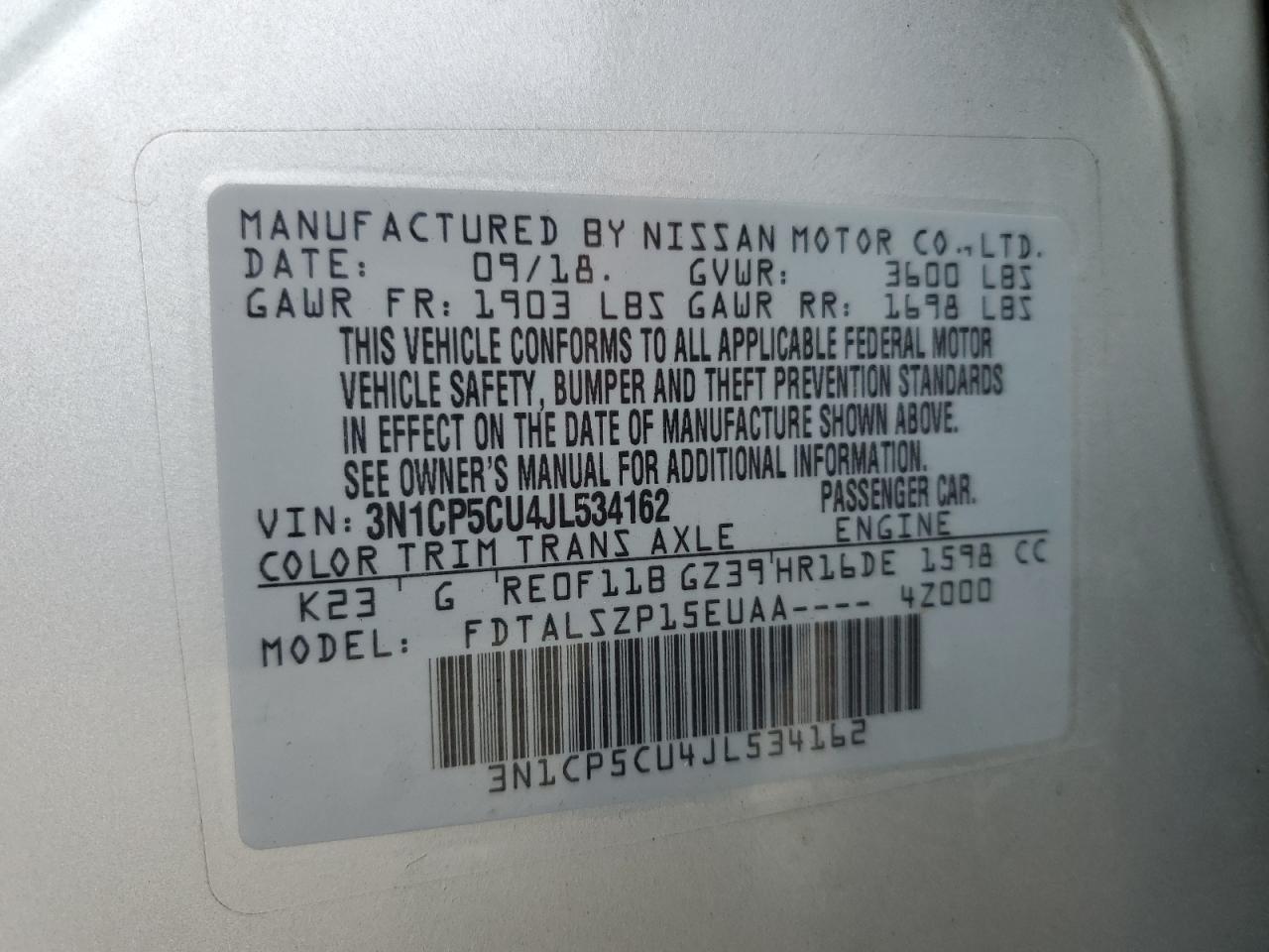 2018 Nissan Kicks S VIN: 3N1CP5CU4JL534162 Lot: 67614655