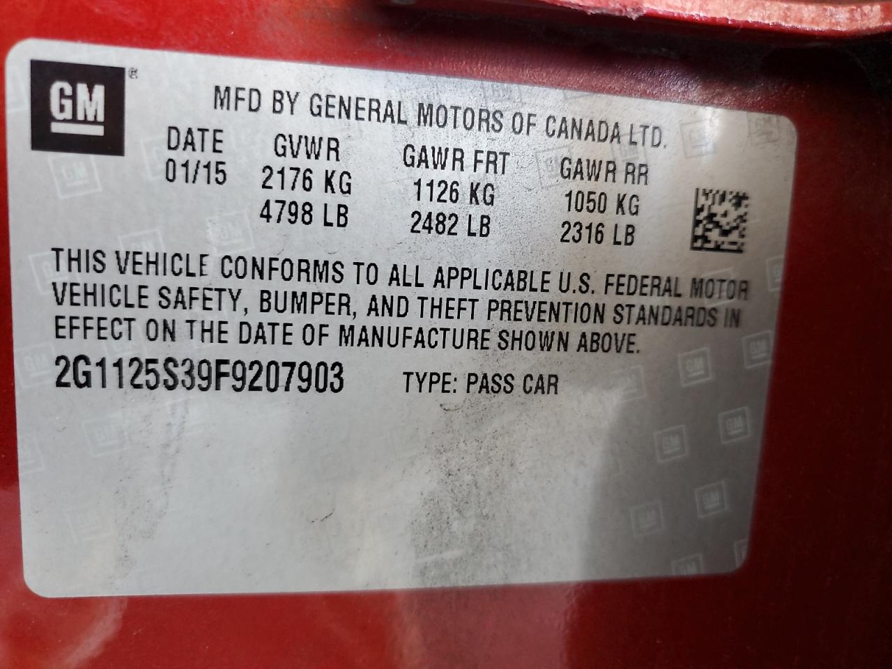 2G1125S39F9207903 2015 Chevrolet Impala Lt