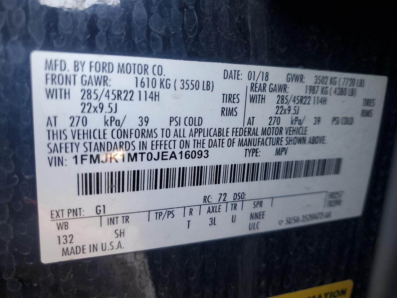 2018 Ford Expedition Max Platinum VIN: 1FMJK1MT0JEA16093 Lot: 68659845