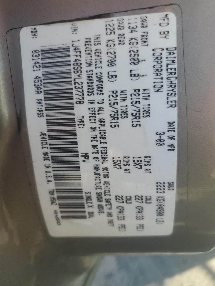 2000 Jeep Cherokee Sport VIN: 1J4FF48S6YL237778 Lot: 68561495