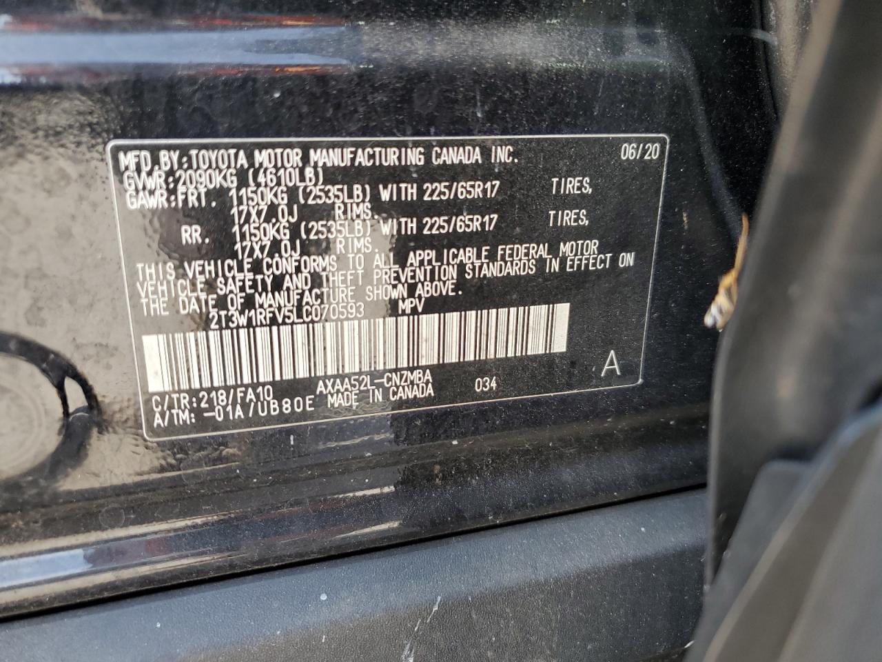 2020 Toyota Rav4 Xle VIN: 2T3W1RFV5LC070593 Lot: 66853195