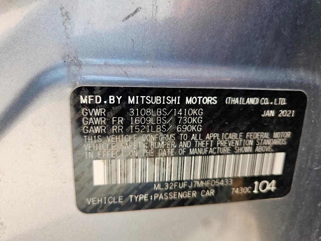 2021 Mitsubishi Mirage G4 Es VIN: ML32FUFJ7MHF05433 Lot: 68925415