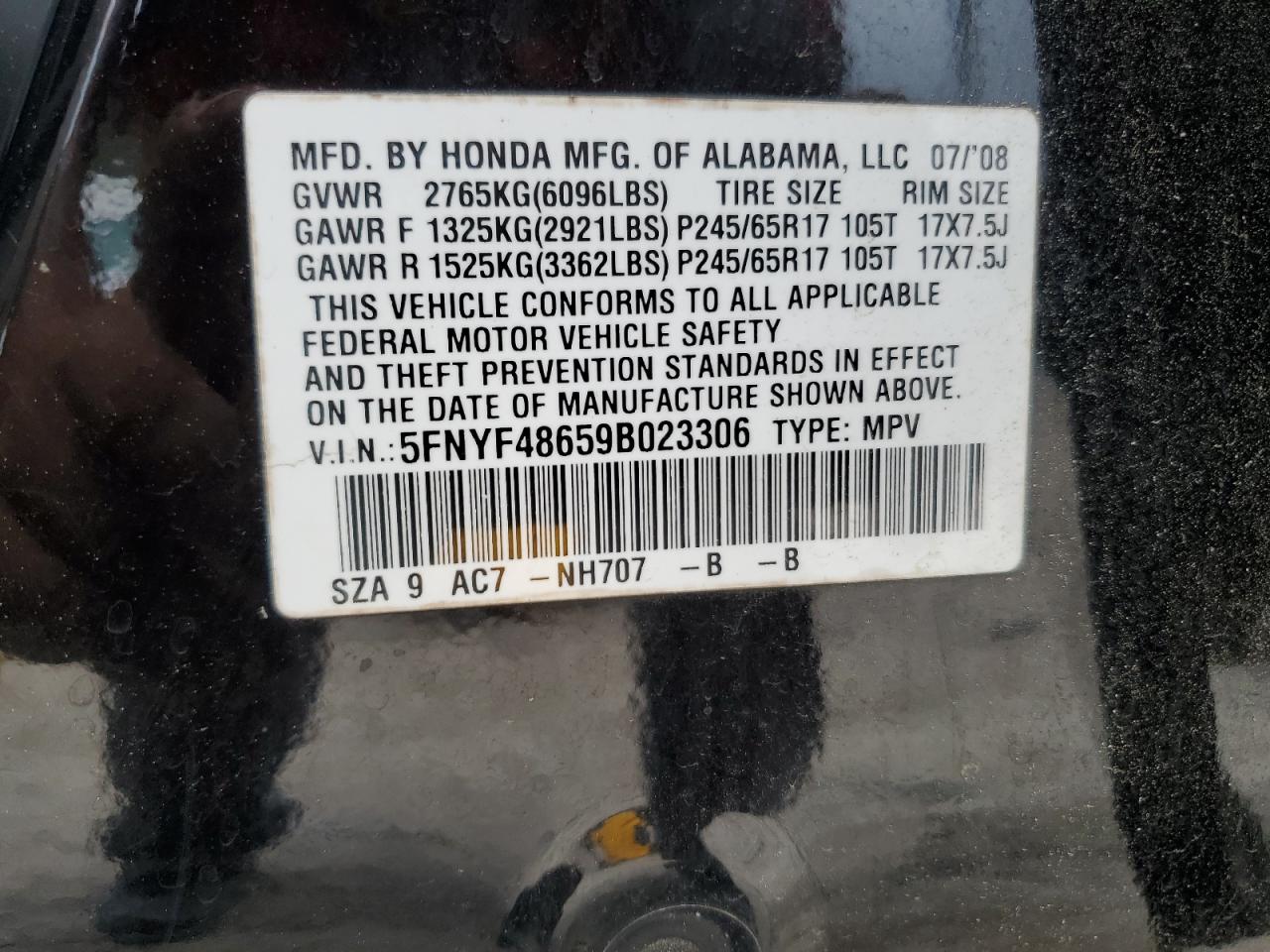 2009 Honda Pilot Exl VIN: 5FNYF48659B023306 Lot: 68542925