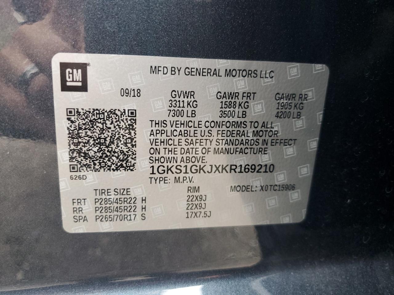 2019 GMC Yukon Xl C1500 Slt VIN: 1GKS1GKJXKR169210 Lot: 67720155