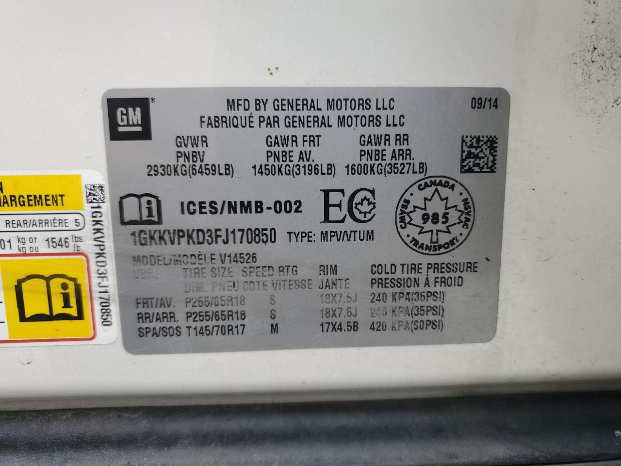 2015 GMC Acadia Sle VIN: 1GKKVPKD3FJ170850 Lot: 70521785