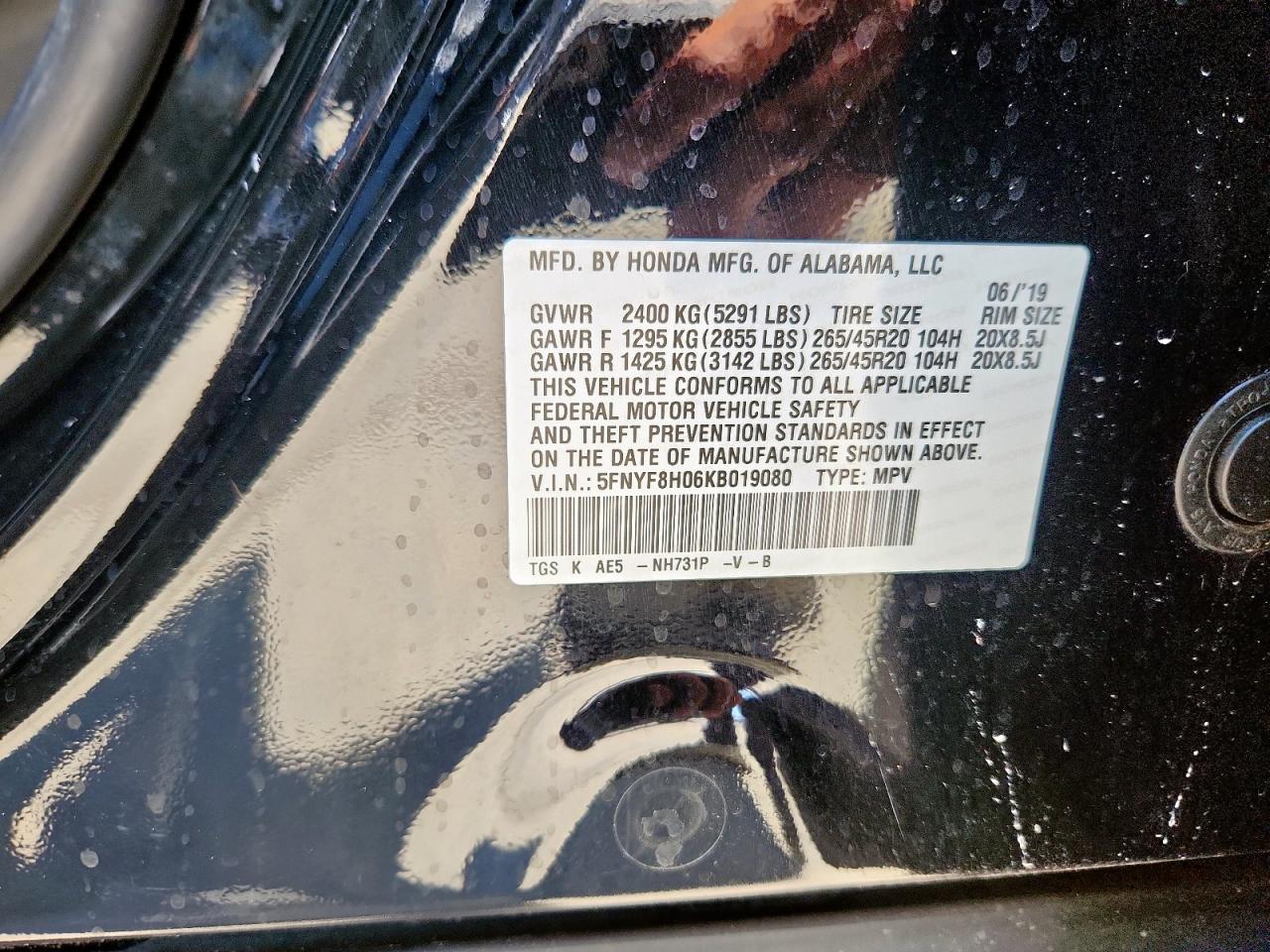 2019 Honda Passport Elite VIN: 5FNYF8H06KB019080 Lot: 68227625