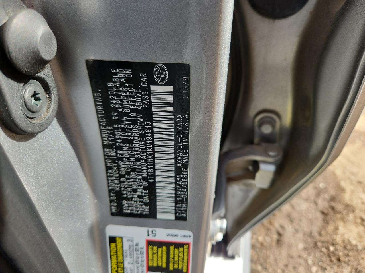 2019 Toyota Camry L VIN: 4T1B11HK1KU194613 Lot: 69315575