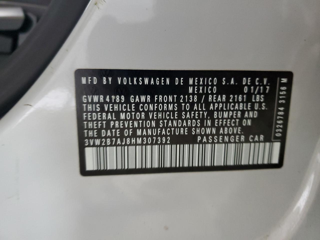 2017 Volkswagen Jetta S VIN: 3VW2B7AJ8HM307392 Lot: 69987555