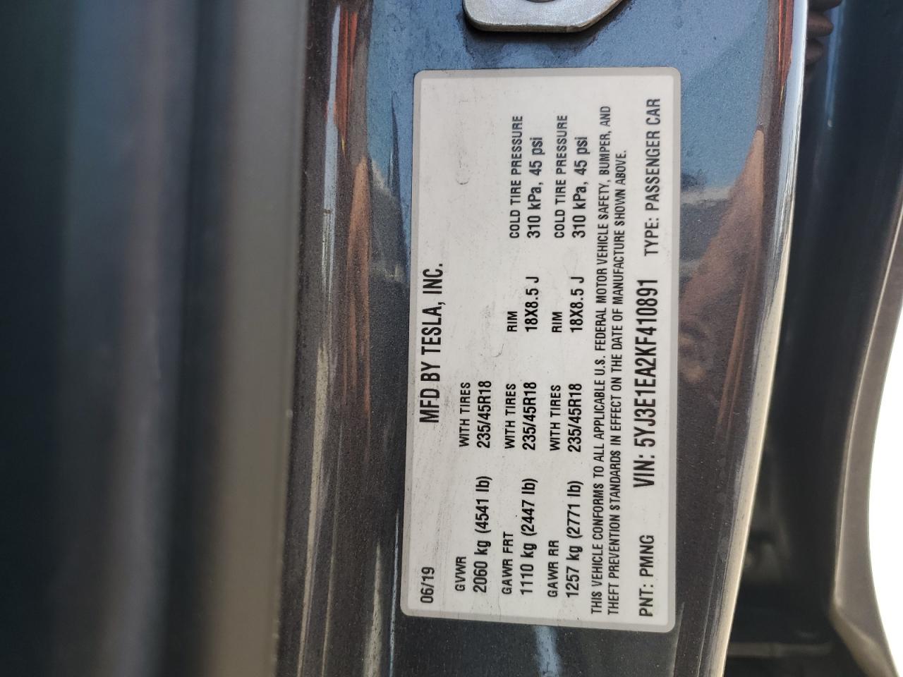 2019 Tesla Model 3 VIN: 5YJ3E1EA2KF410891 Lot: 69134335