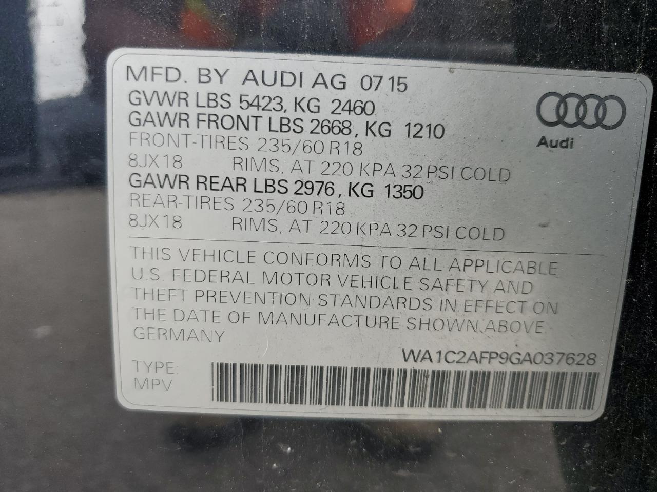 2016 Audi Q5 Premium VIN: WA1C2AFP9GA037628 Lot: 68684555