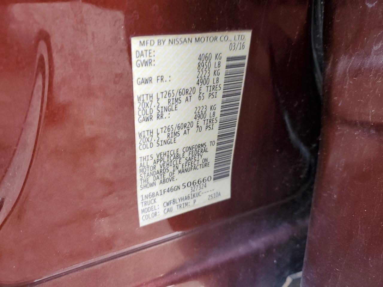 2016 Nissan Titan Xd Sl VIN: 1N6BA1F46GN506660 Lot: 68327475