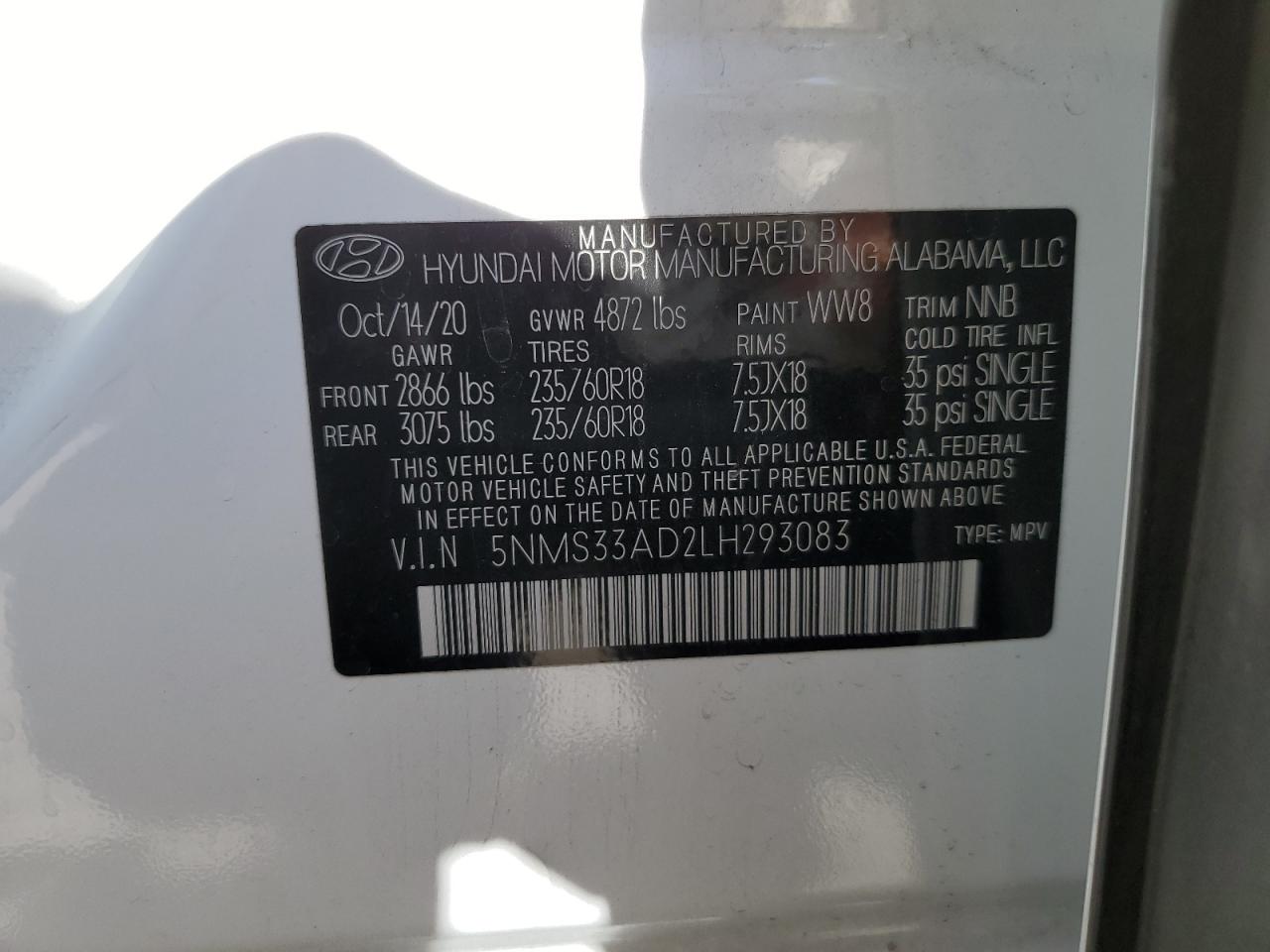 2020 Hyundai Santa Fe Sel VIN: 5NMS33AD2LH293083 Lot: 69685655