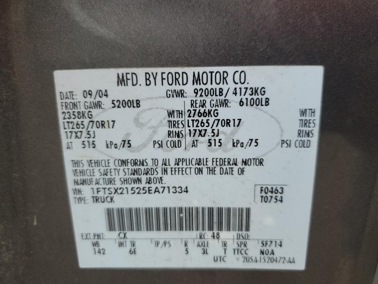 2005 Ford F250 Super Duty VIN: 1FTSX21525EA71334 Lot: 69344215