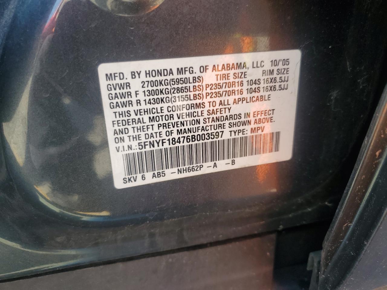 2006 Honda Pilot Ex VIN: 5FNYF18476B003597 Lot: 70830915