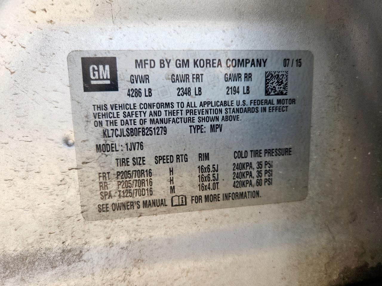 2015 Chevrolet Trax 1Lt VIN: KL7CJLSB0FB251279 Lot: 69289375