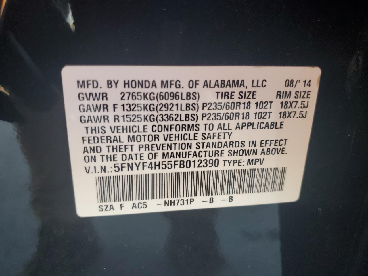 5FNYF4H55FB012390 2015 Honda Pilot Exl