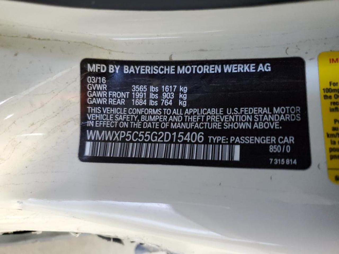 2016 Mini Cooper VIN: WMWXP5C55G2D15406 Lot: 66738535