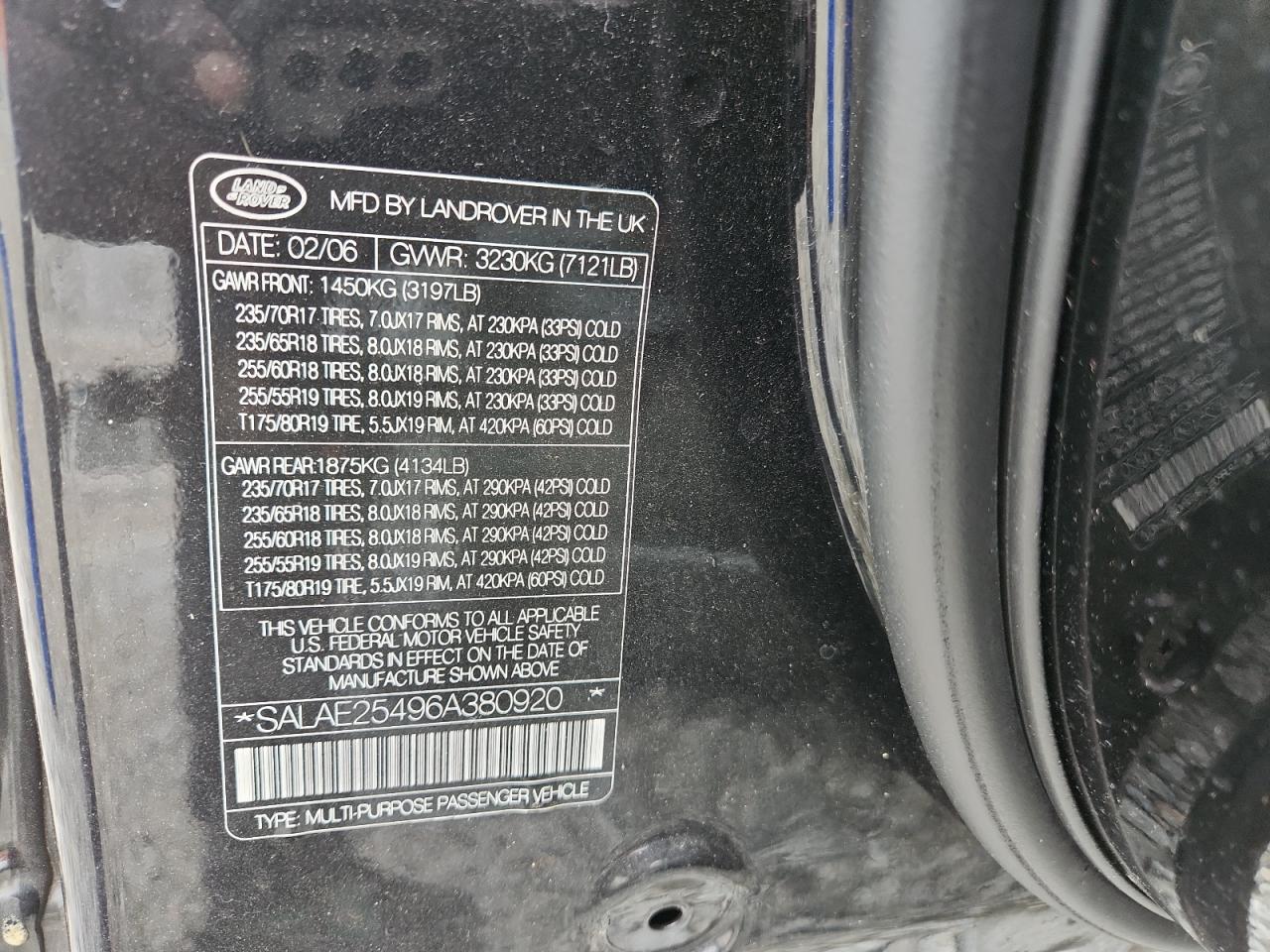 2006 Land Rover Lr3 Se VIN: SALAE25496A380920 Lot: 69509675