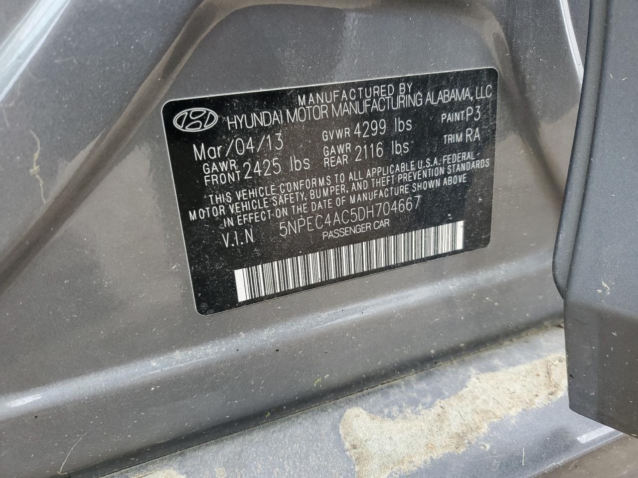 2013 Hyundai Sonata Se VIN: 5NPEC4AC5DH704667 Lot: 67685885