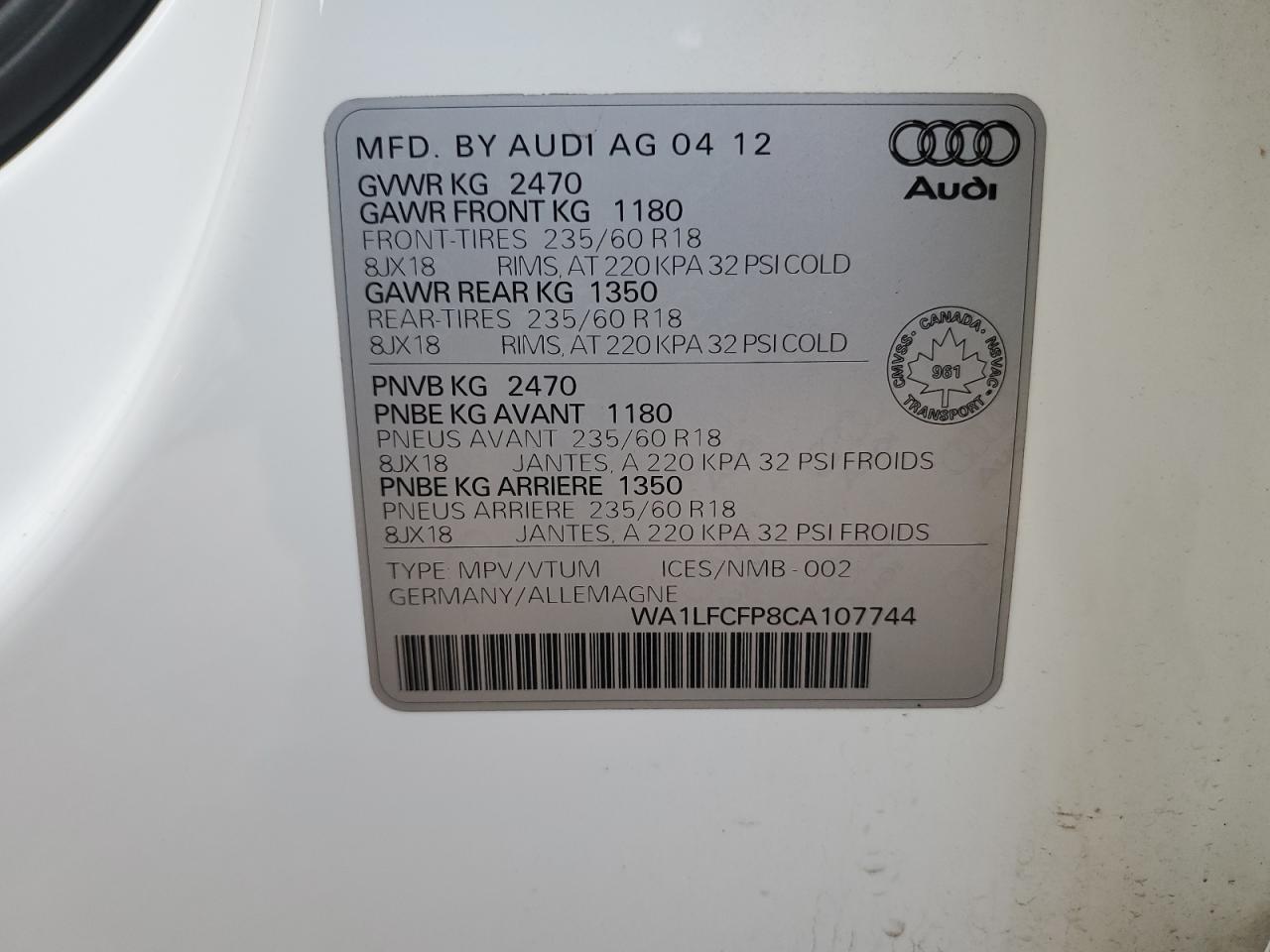 2012 Audi Q5 Premium Plus VIN: WA1LFCFP8CA107744 Lot: 69204185
