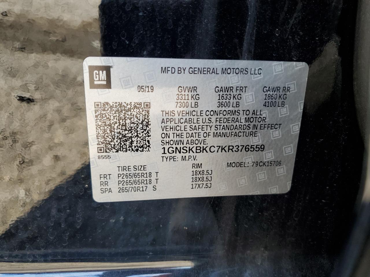 2019 Chevrolet Tahoe K1500 Lt VIN: 1GNSKBKC7KR376559 Lot: 69599955